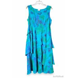 CLICK Color Me Cotton Blue Floral Tiered Cupro Rayon Dress USA Large Artsy Boho